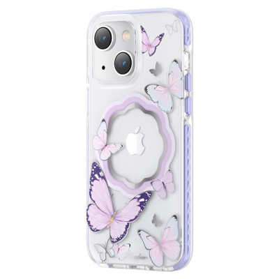   Луксозен твърд гръб оригинален KINGXBAR Magsafe кристално прозрачен за Apple iPhone 14 Plus 6.7 лилави пеперуди